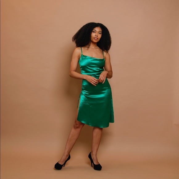 Emerald Satin Mini Dress |Adjustable Straps/Slit Detail/Holiday Party–Size S M L - Picture 6 of 13
